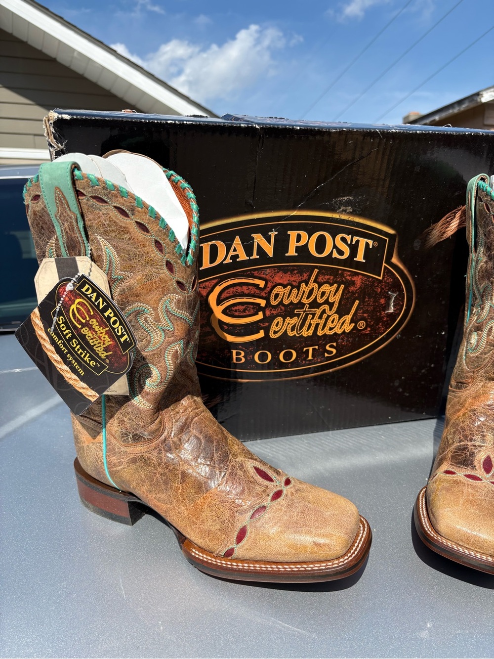 Dan Post Brown Leather Cowboy Boots with Turquoise Accents